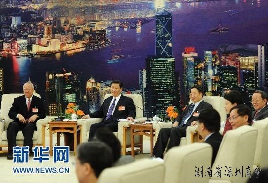 3月6日,中共中央政治局常委、国家副主席习近平参加十一届全国人大四次会议香港代表团的审议。新华社记者 刘建生 摄