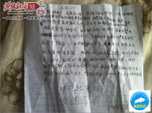 小怡从家中拿走钱后写下的日记。